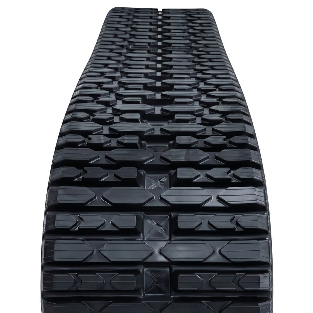 Low-impact Multi-Bar landscaping rubber track built for a Caterpillar 259D machine frame.