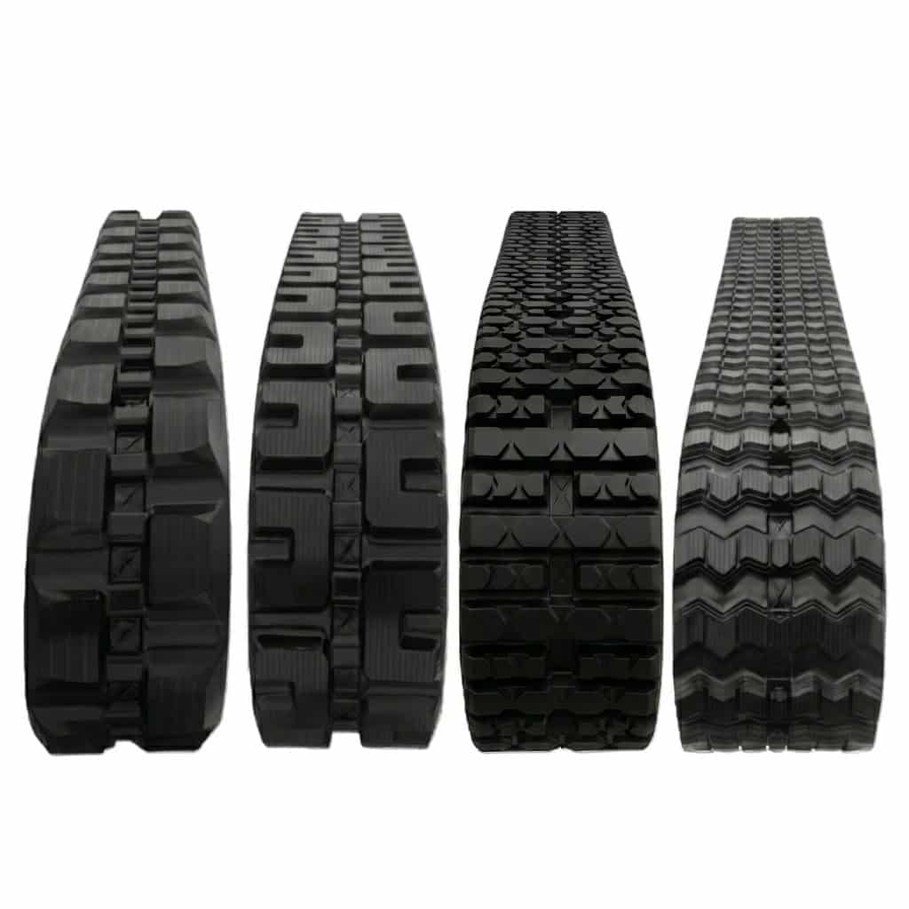 Bobcat T770 rubber track tread pattern comparison layout featuring Block, C-Block, ZigZag, and Multi-bar styles.