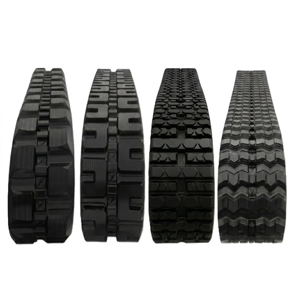 Lineup of heavy-duty Caterpillar 239D compact track loader tracks for sale in multiple tread patterns.